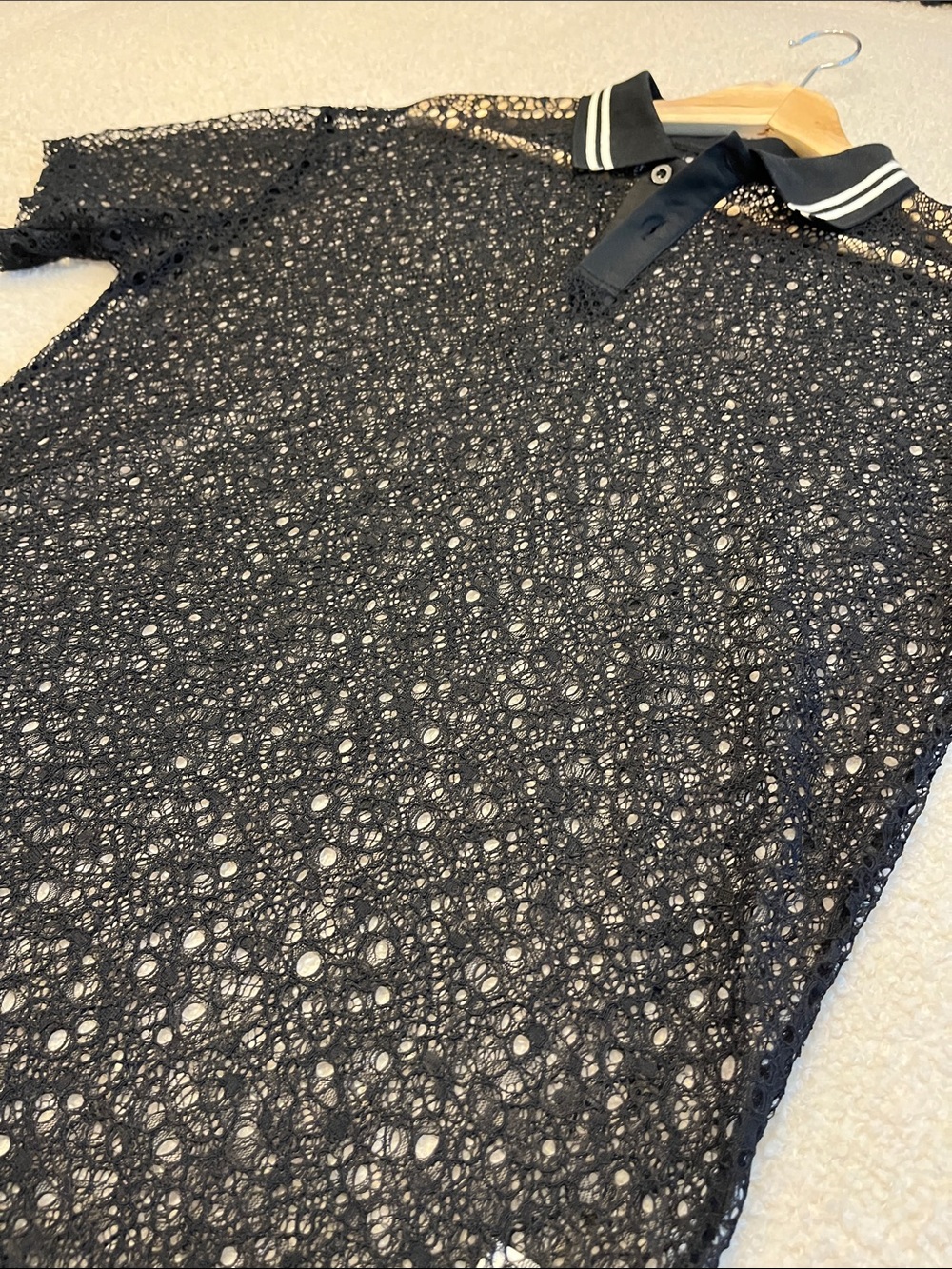 Men’s Black Crochet /Lace Polo w/ Striped Collar